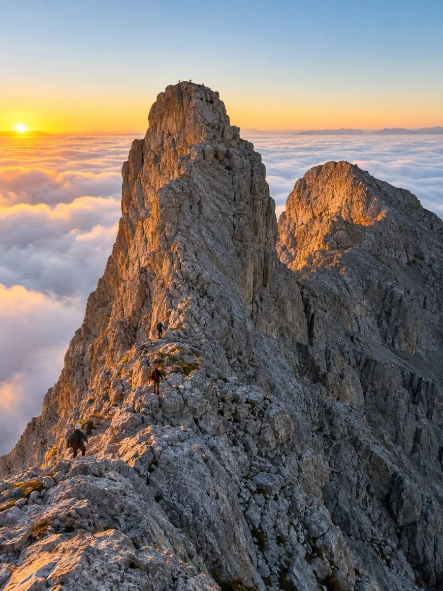 The rocky summit of Mytikas on Mount Olympus rising above cloud in morning light