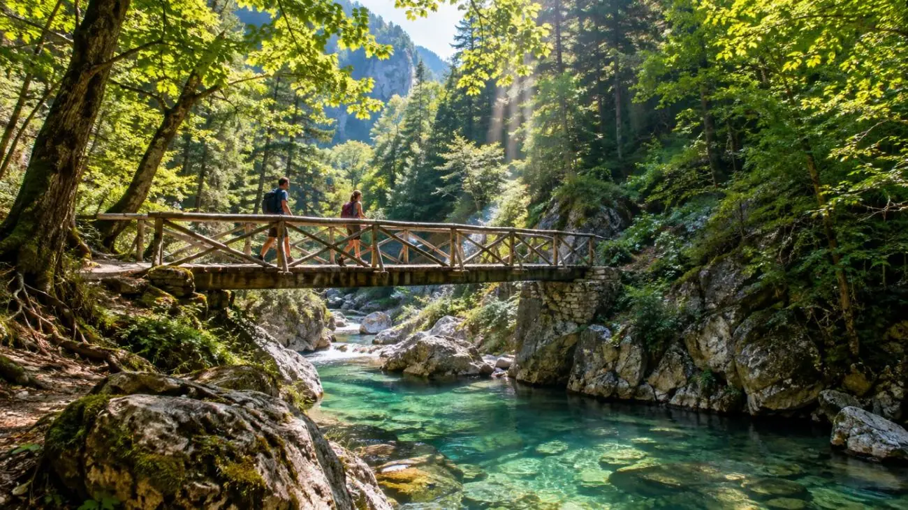 A wooden footbridge over the Enipeas river in a green forested gorge